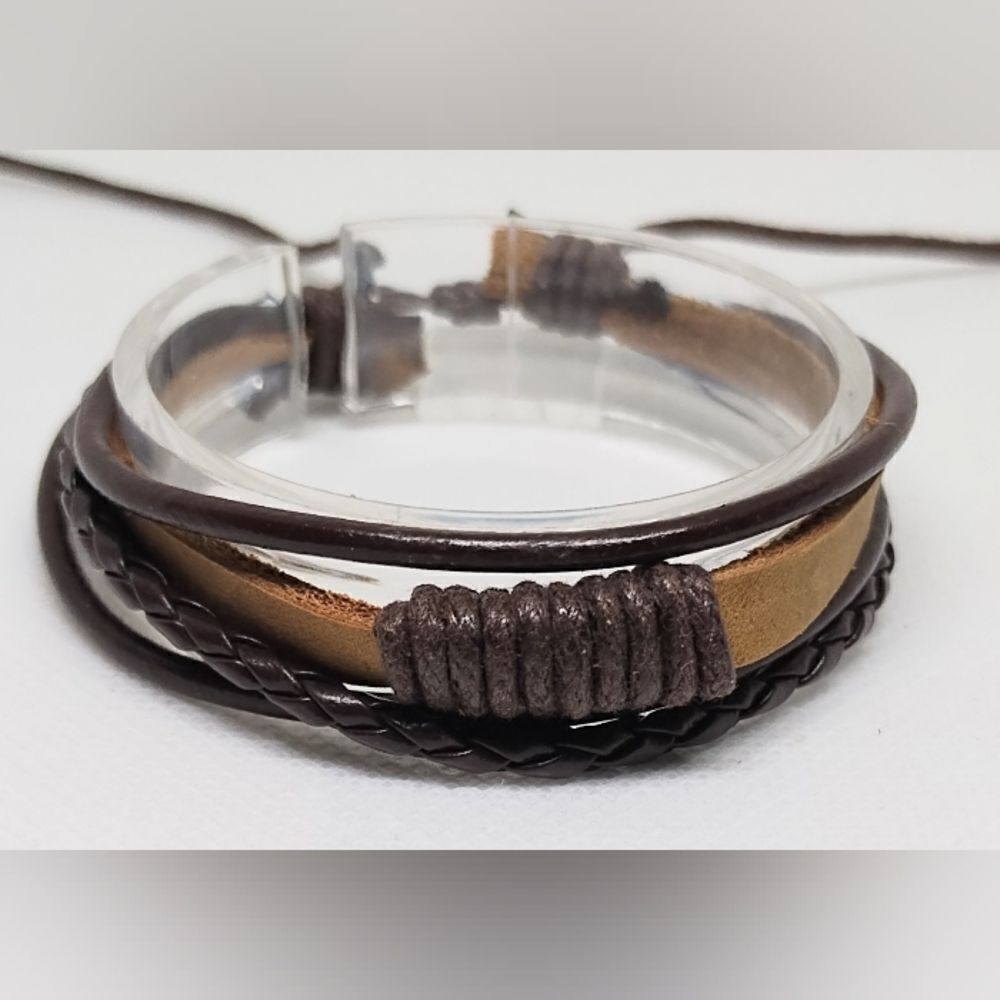 Men's leather bracelet‎ braided layered brown new e50